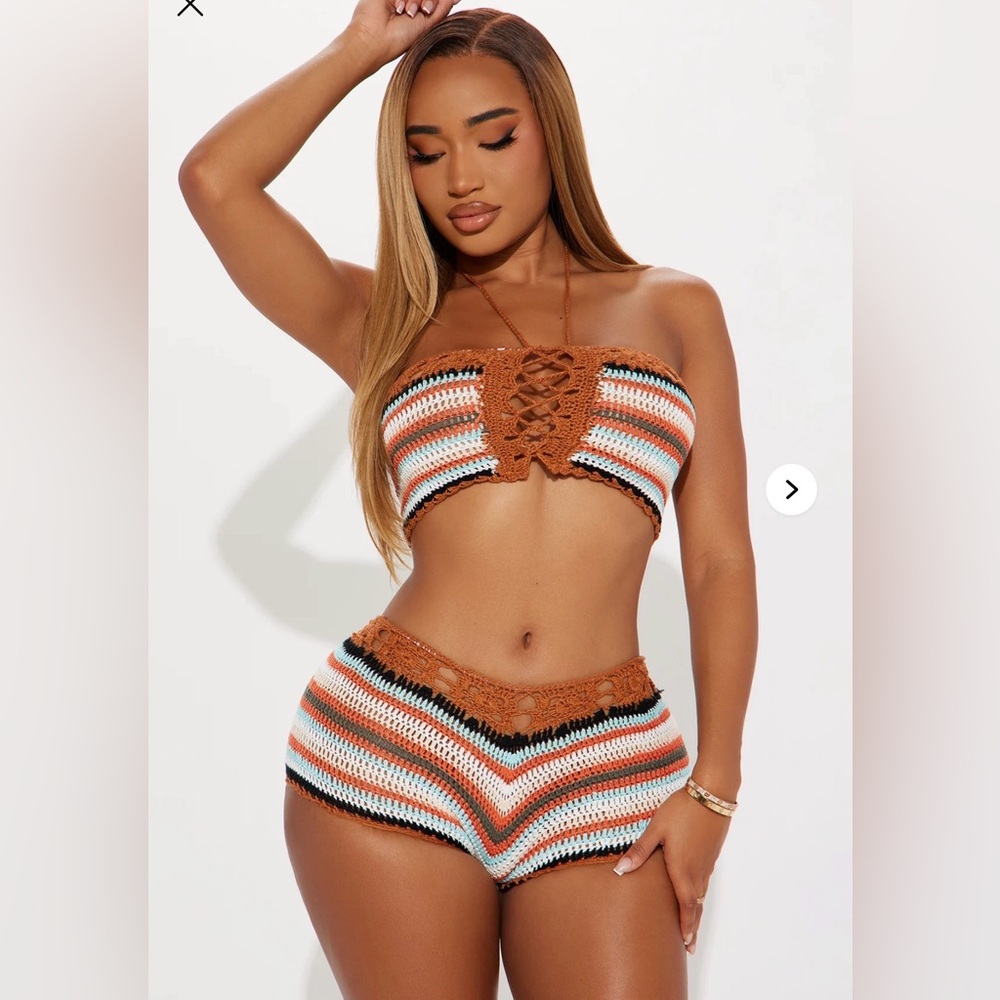 Crochet Two-Piece Tube Top & High-Waist Shorts Set - Rust Stripe